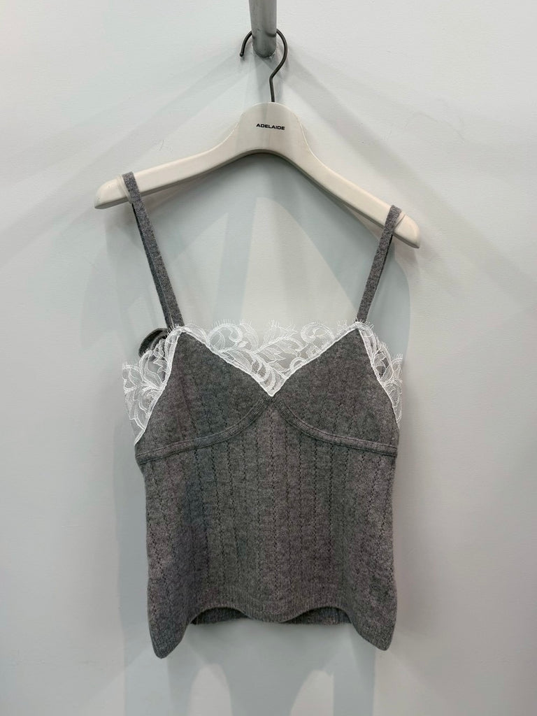 【FTC264-0701】HAIRY LACE PANELED RIB-BACK CAMISOLE GREY