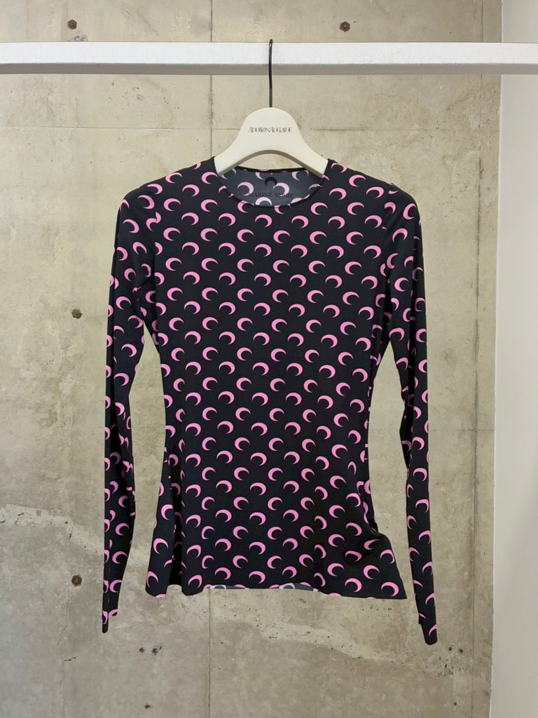 MOON PRINTED JERSEY LS CREWNECK TOP BLACK
