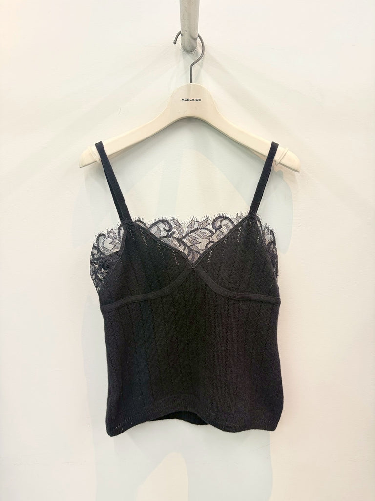 【FTC264-0701】HAIRY LACE PANELED RIB-BACK CAMISOLE BLACK
