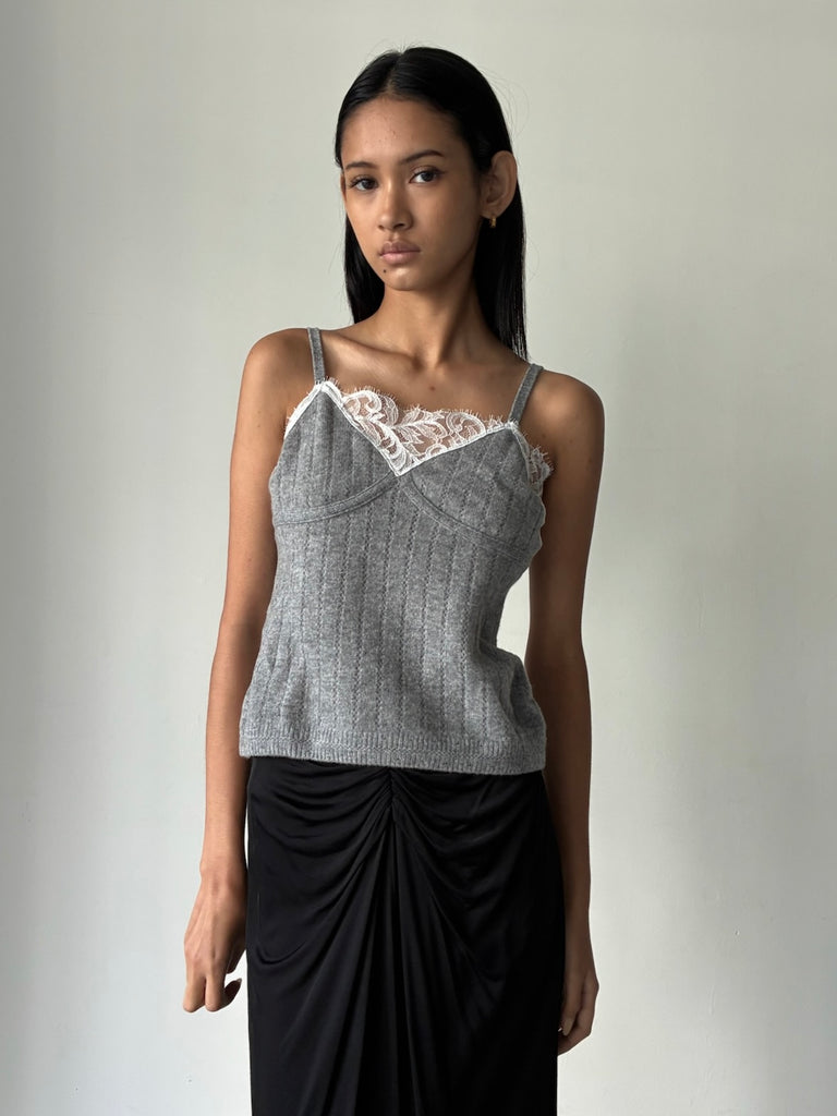 【FTC264-0701】HAIRY LACE PANELED RIB-BACK CAMISOLE GREY