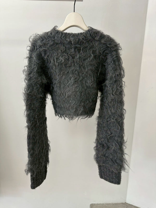 CROPPED SHAGGY KNIT CARDIGAN GREY