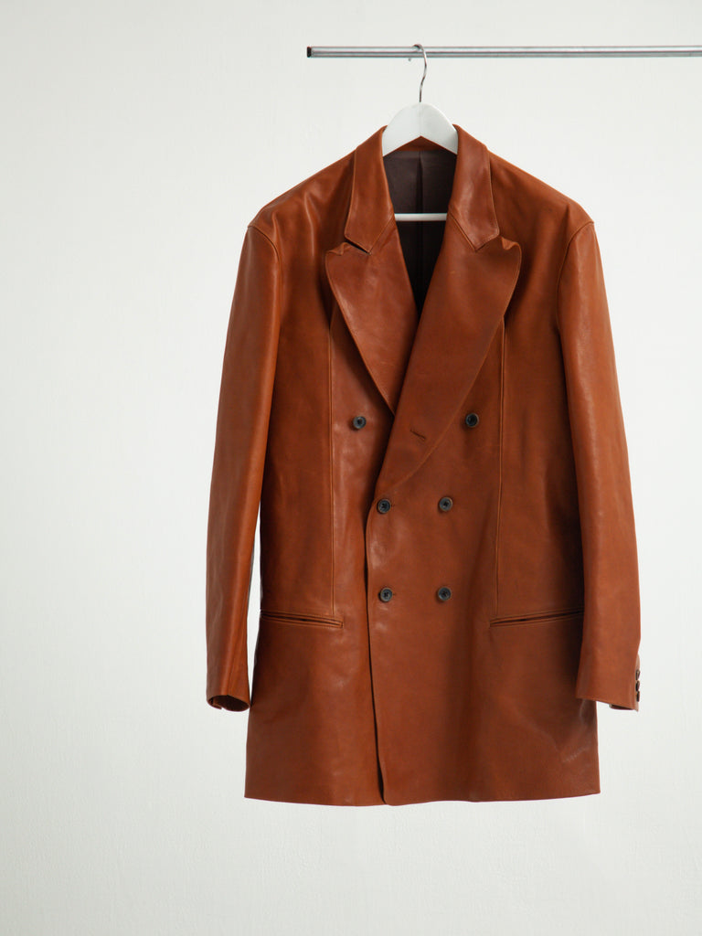 【S26AW11JKT-L】OILED LEATHER BOWED LAPEL JACKET BROWN