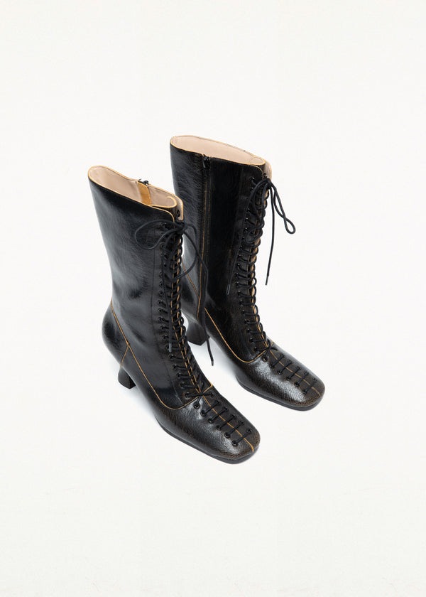 VICTORIAN LACE-UP LEATHER BOOTS BROWN