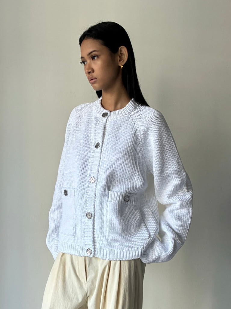【263-WRT0853-YA0299-047】Hammered Button Cotton Cardigan WHITE