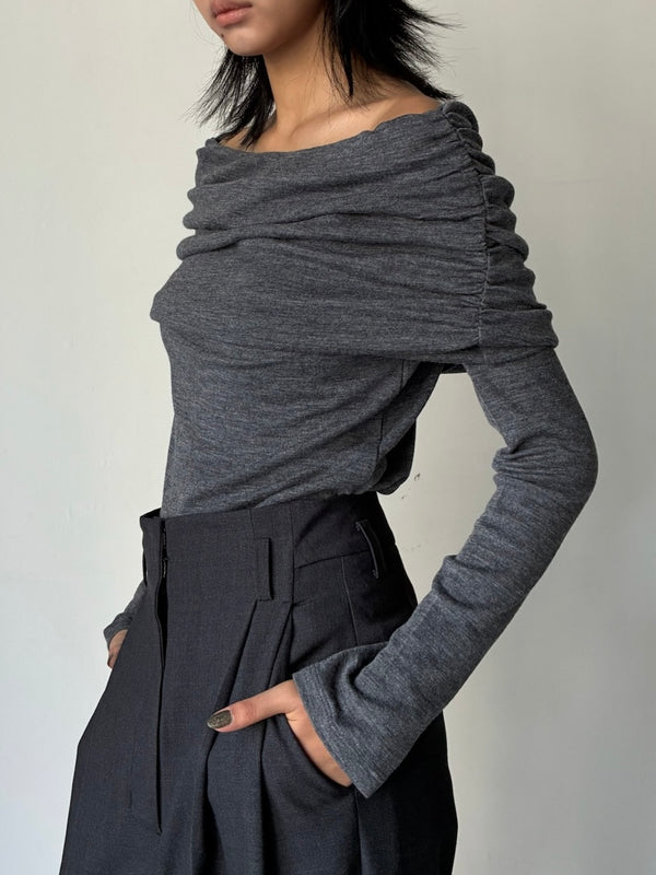 WOOL DRAPE OPEN SHOULDER GREY