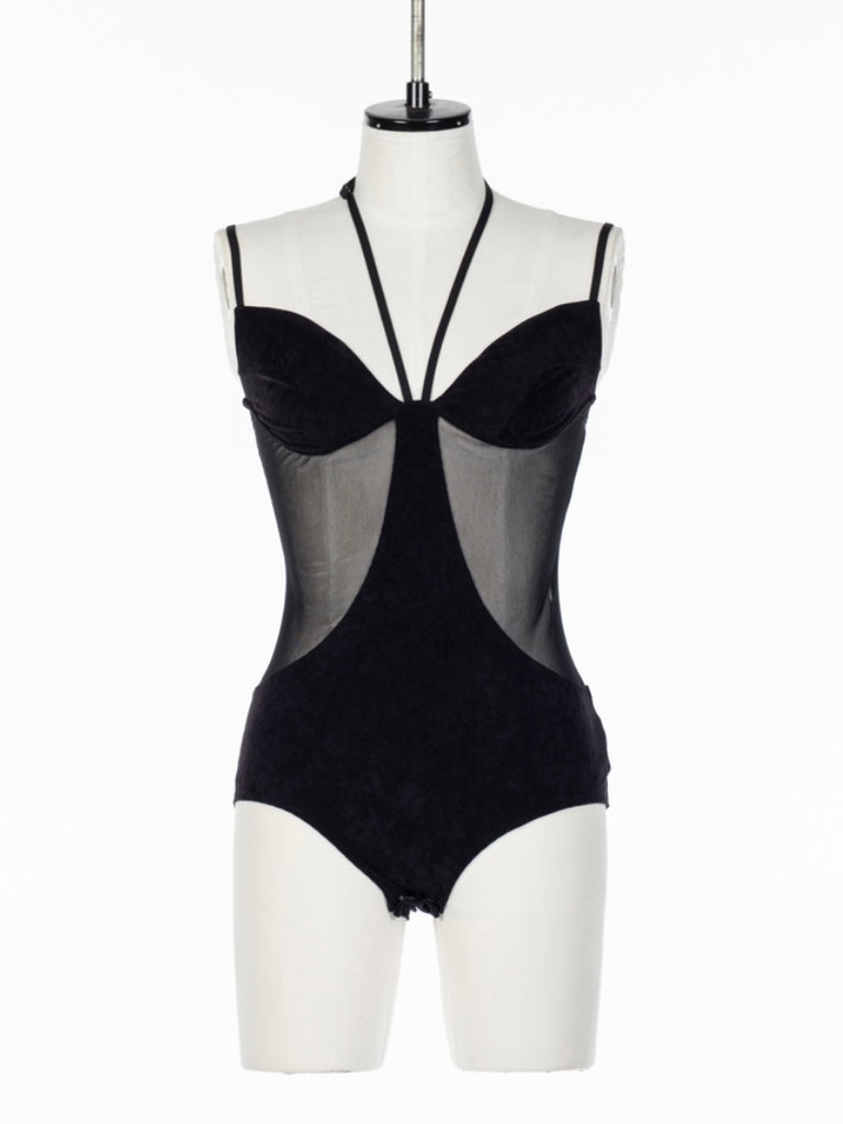 SHEER PANELED VELOUR BODYSUIT BLACK