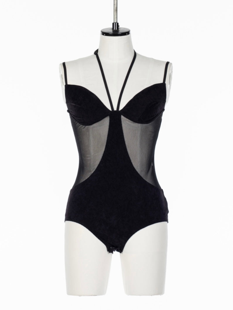 FETICO (フェティコ) | SHEER PANELED VELOUR BODYSUIT BLACK