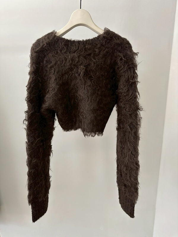 CROPPED SHAGGY KNIT CARDIGAN BROWN