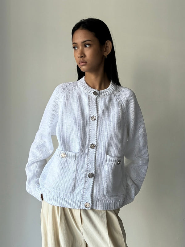 【263-WRT0853-YA0299-047】Hammered Button Cotton Cardigan WHITE