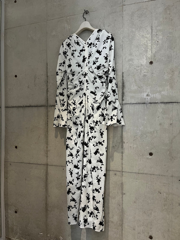 【FTC264-0805】FLOCKED ROSE PRINT GATHERED DRESS WHITE