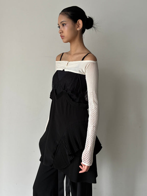 PLEATED MINI SLIP DRESS BLACK