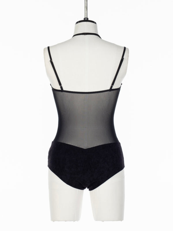 SHEER PANELED VELOUR BODYSUIT BLACK