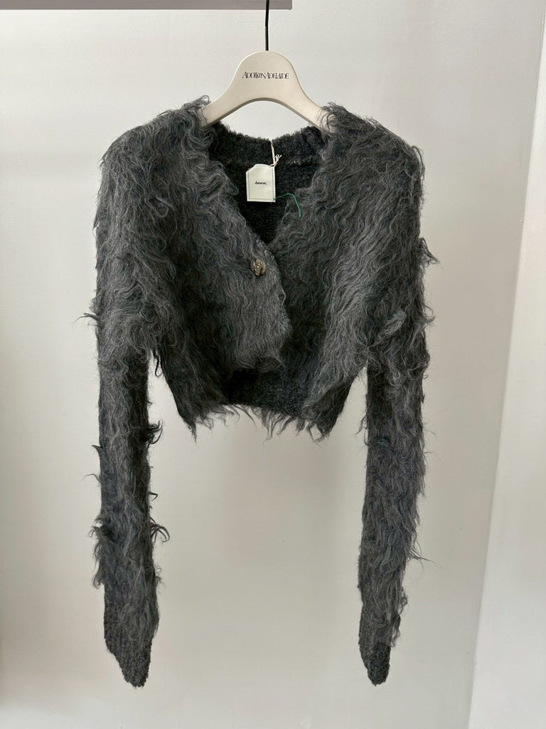 CROPPED SHAGGY KNIT CARDIGAN GREY