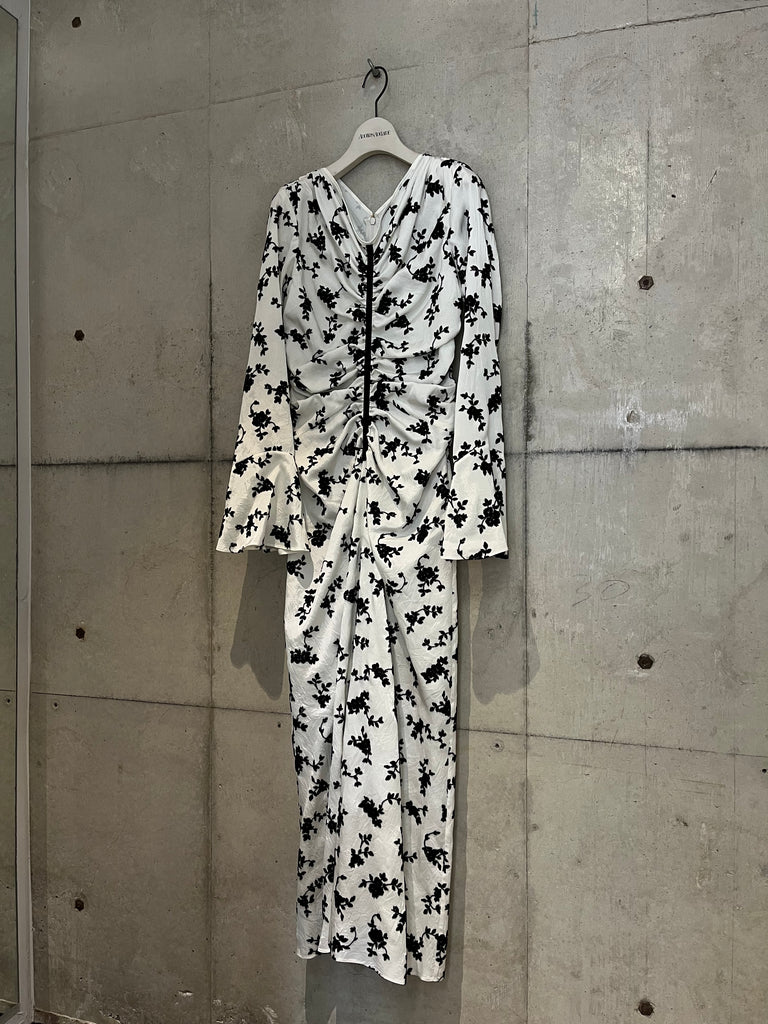 【FTC264-0805】FLOCKED ROSE PRINT GATHERED DRESS WHITE