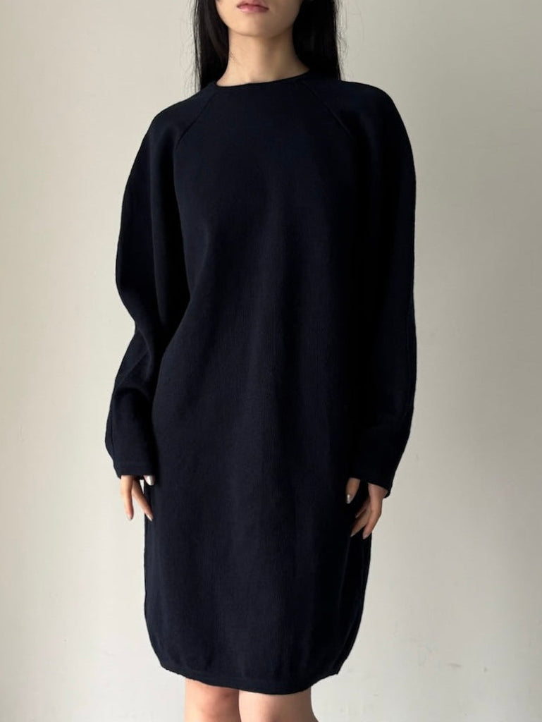【J02CT0689J14859】LS KNIT MIDI DRESS FUNNEL NECK NAVY