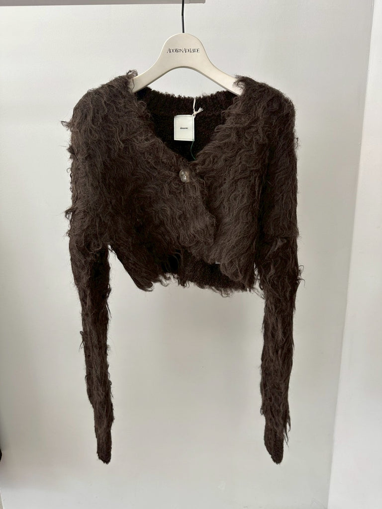 CROPPED SHAGGY KNIT CARDIGAN BROWN