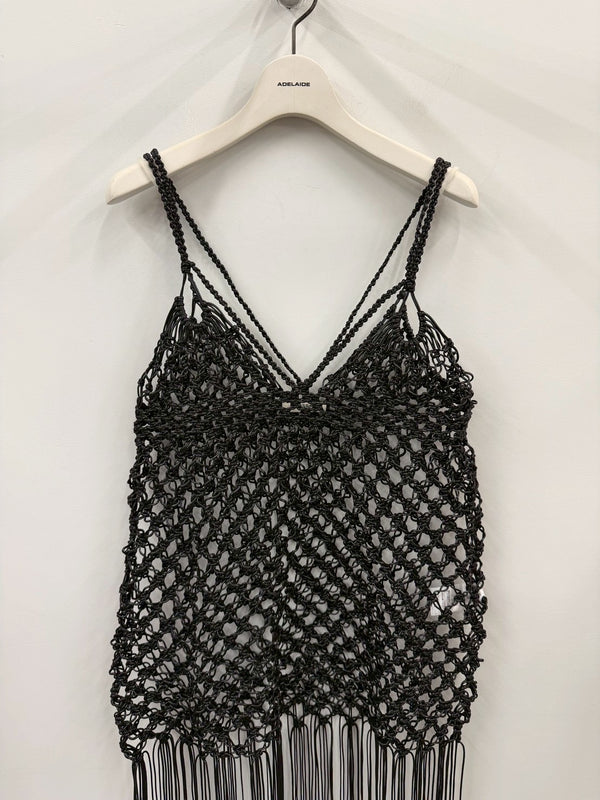 MACRAMÉ FRINGED MAXI DRESS BLACK