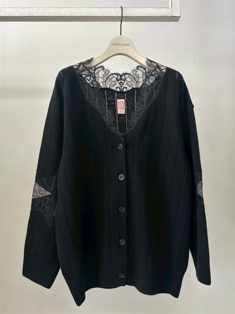 【FTC264-0702】OVERSIZED HAIRY LACE PANELED KNIT CARDIGAN BLACK