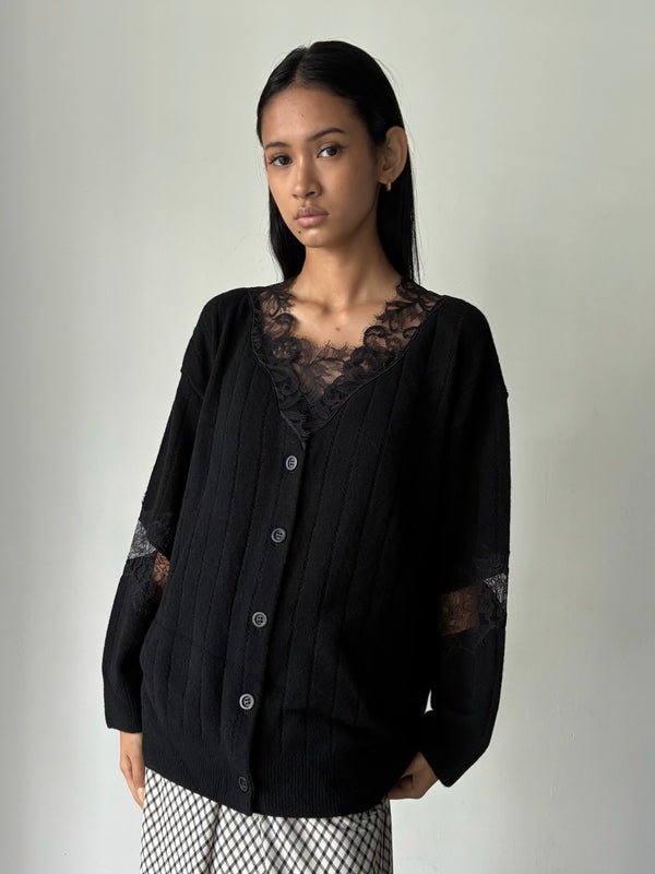 【FTC264-0702】OVERSIZED HAIRY LACE PANELED KNIT CARDIGAN BLACK