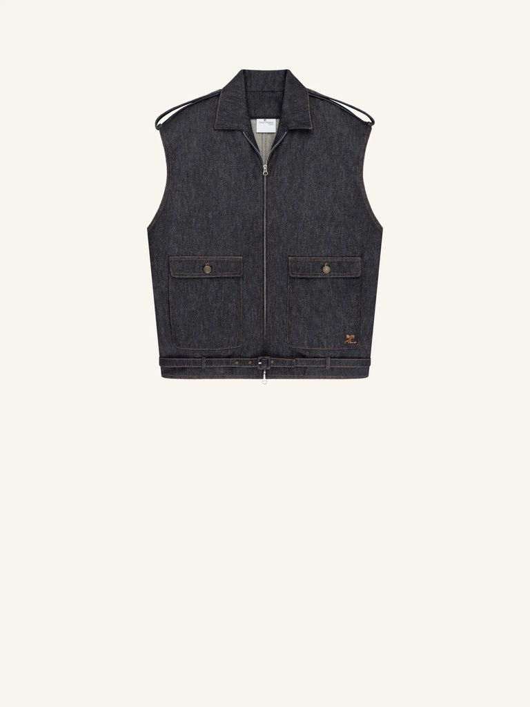 【226DBL343DE0035】SLEEVELESS DENIM BOMBER JACKET INDIGO