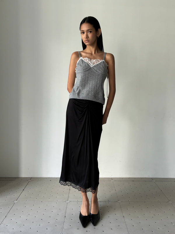 【FTC264-0701】HAIRY LACE PANELED RIB-BACK CAMISOLE GREY