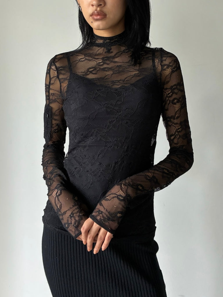 LACE MOCKNECK TOP BLACK