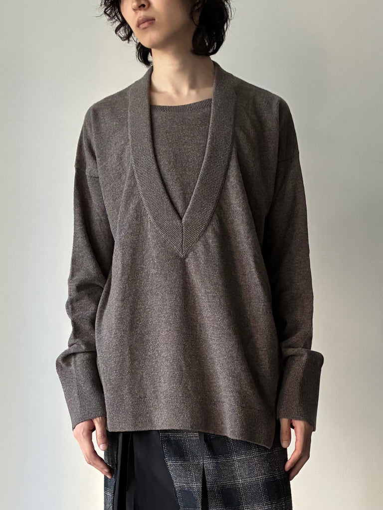 【BIENVILLE FW26-0099-999 / 607】Double collar v-neck knit jumper BEIGE