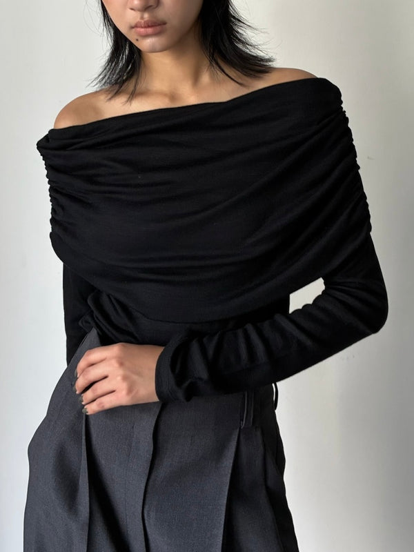 WOOL DRAPE OPEN SHOULDER BLACK
