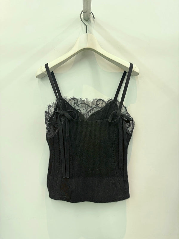 【FTC264-0701】HAIRY LACE PANELED RIB-BACK CAMISOLE BLACK