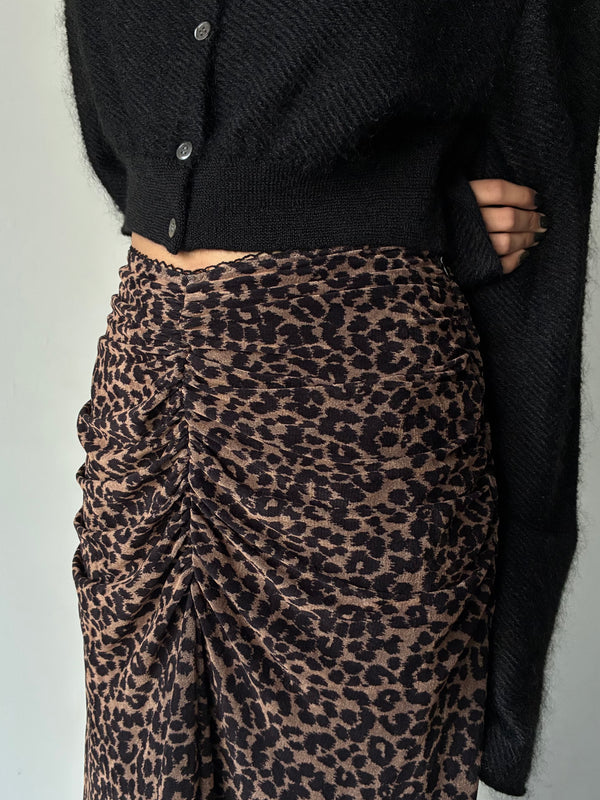 PRINTED VELVET TULLE GATHERED SKIRT LEOPARD