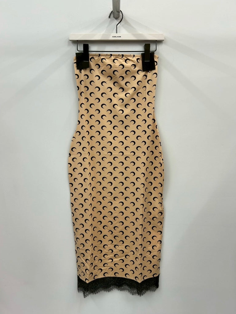 MOON PRINTED JERSEY SLEVELESS TUBE MIDI DRESSE BEIGE