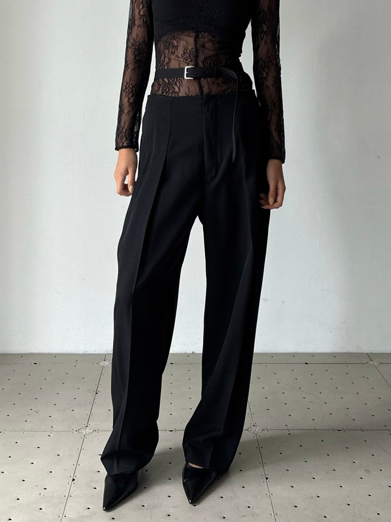 【FTC264-0603D】FINE WOOL SUITING BELTED TROUSERS BLACK
