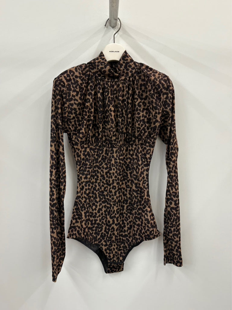 PRINTED VELVET TULLE TURTLENECK BODYSUIT LEOPARD