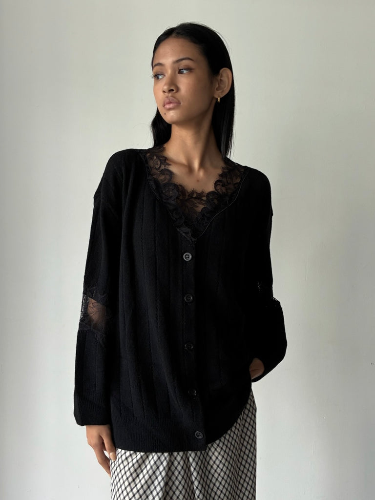 【FTC264-0702】OVERSIZED HAIRY LACE PANELED KNIT CARDIGAN BLACK