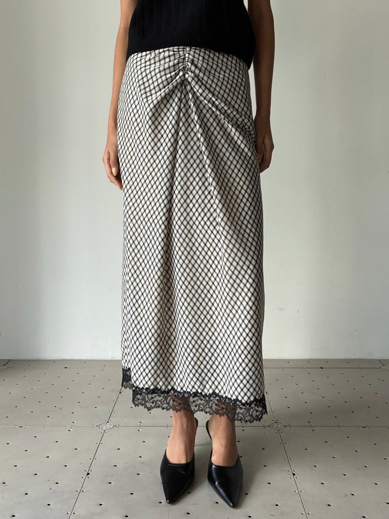 【FTC264-0407D】JERSEY CHECK DRAPED SKIRT GREY