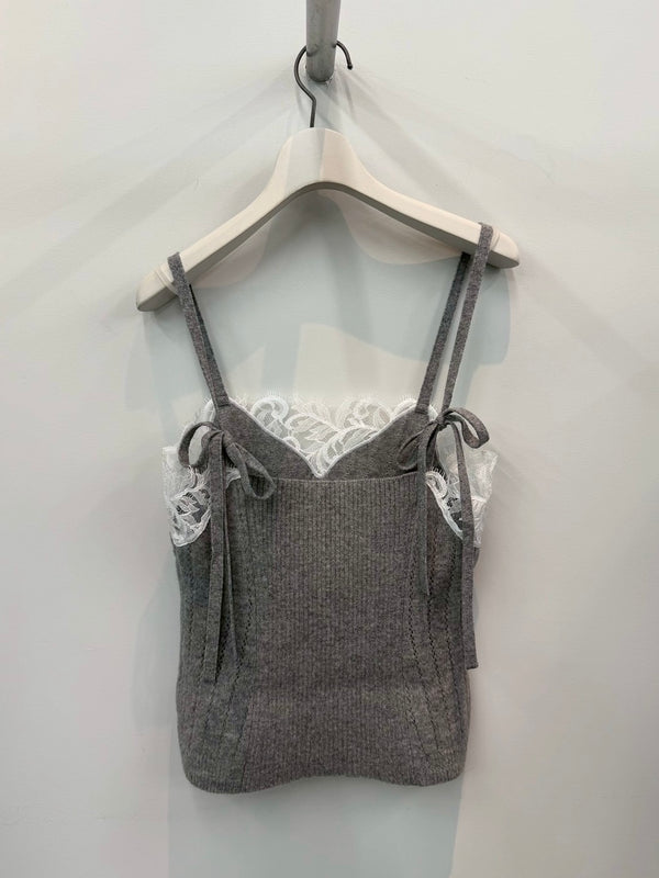 【FTC264-0701】HAIRY LACE PANELED RIB-BACK CAMISOLE GREY