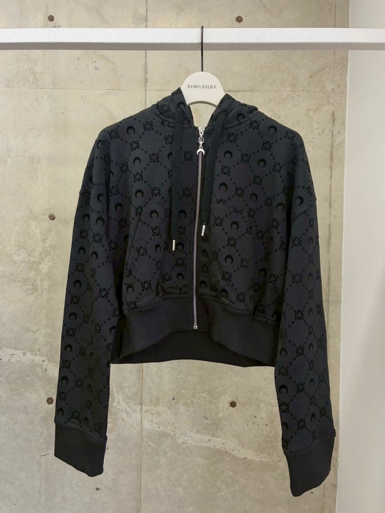 MOONOGRAM FLOCKED FLEECE CROPPED ZIPPED HOODIE BLACK