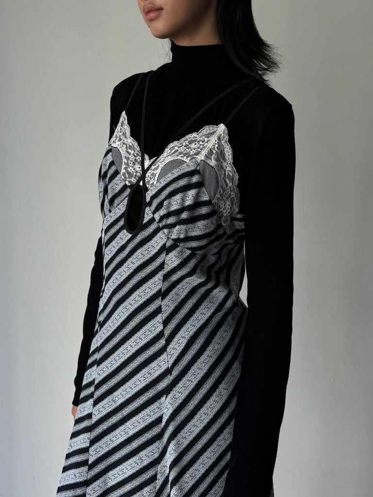 LACE JAQUARD STRIPE SLIP DRESS MULTI