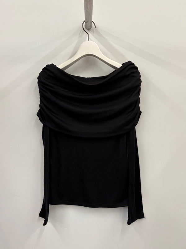 WOOL DRAPE OPEN SHOULDER BLACK