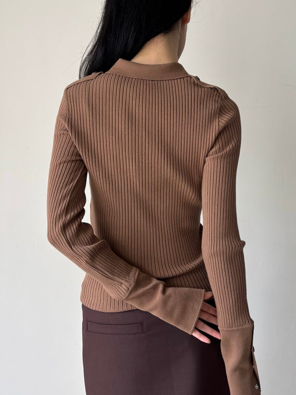 【326MPO072FI0001】RIB KNIT LS POLO SWEATER BROWN