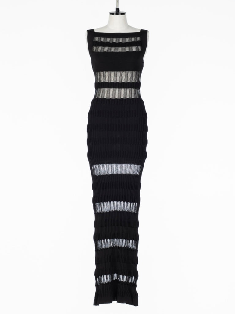 【FTC262-0704】SHEER STRIPE KNIT LONG DRESS BLACK