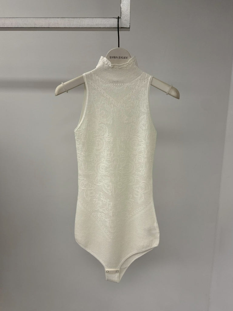 FETICO (フェティコ) | DAMASK LACE KNIT TURTLENECK BODYSUIT WHITE 