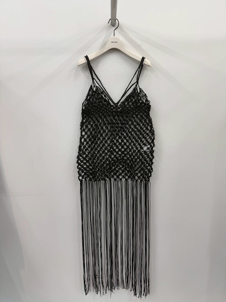 MACRAMÉ FRINGED MAXI DRESS BLACK