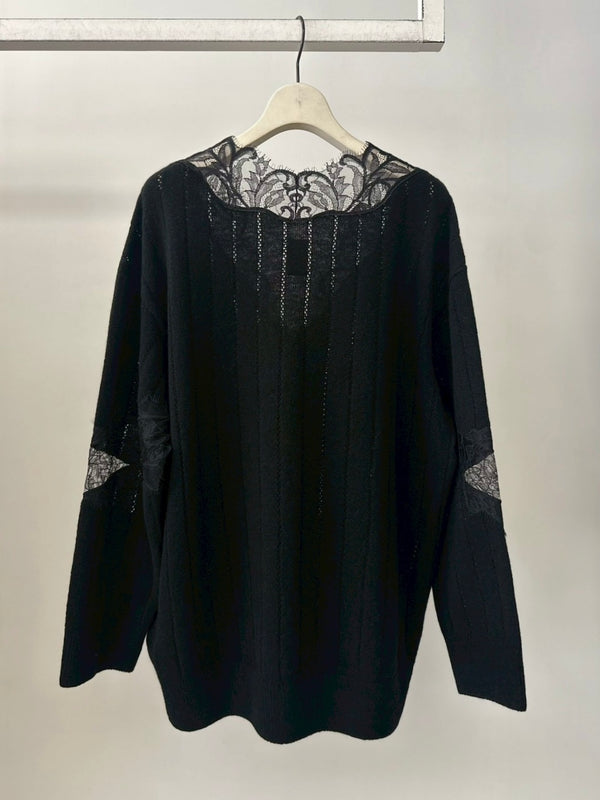 【FTC264-0702】OVERSIZED HAIRY LACE PANELED KNIT CARDIGAN BLACK