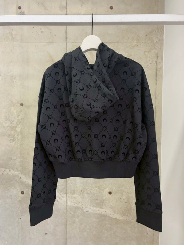 MOONOGRAM FLOCKED FLEECE CROPPED ZIPPED HOODIE BLACK