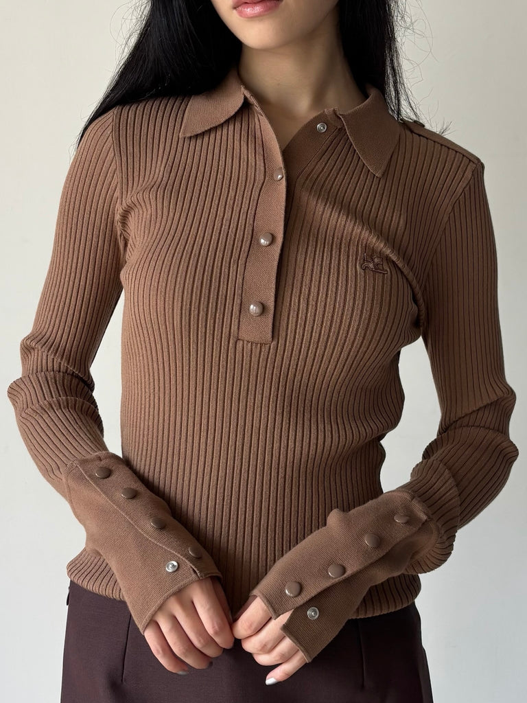 【326MPO072FI0001】RIB KNIT LS POLO SWEATER BROWN