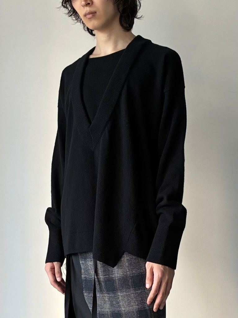 【BIENVILLE FW26-0099-999 / 607】Double collar v-neck knit jumper BLACK