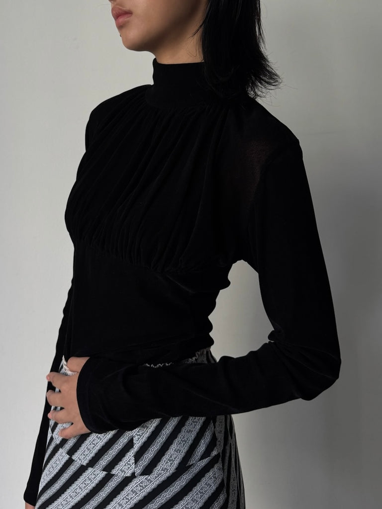 VELVET TULLE TURTLENECK BODYSUIT BLACK