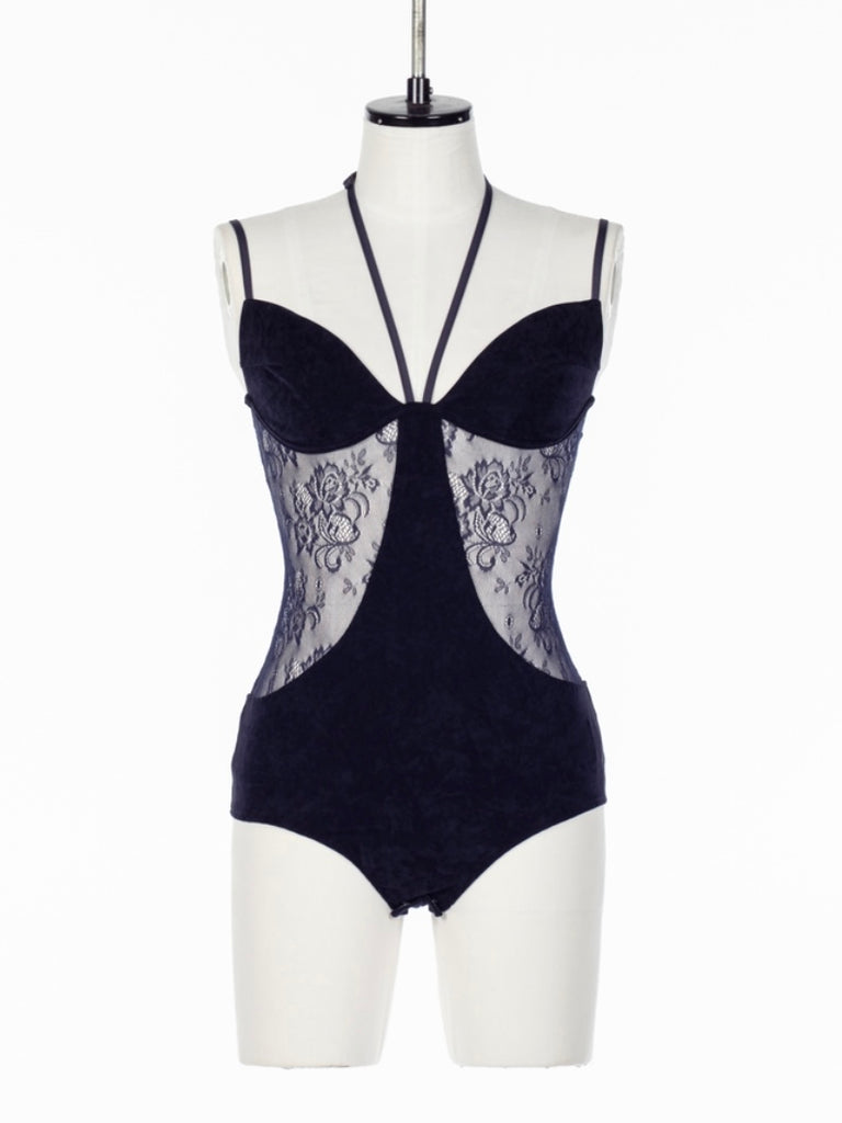 SHEER PANELED VELOUR BODYSUIT NAVY