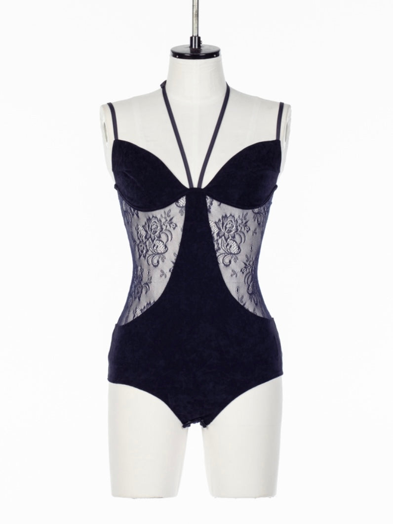 トップス fetico SHEER PANELED VELOUR BODYSUIT FETICO (フェティコ) | SHEER PANELED VELOUR BODYSUIT NAVY